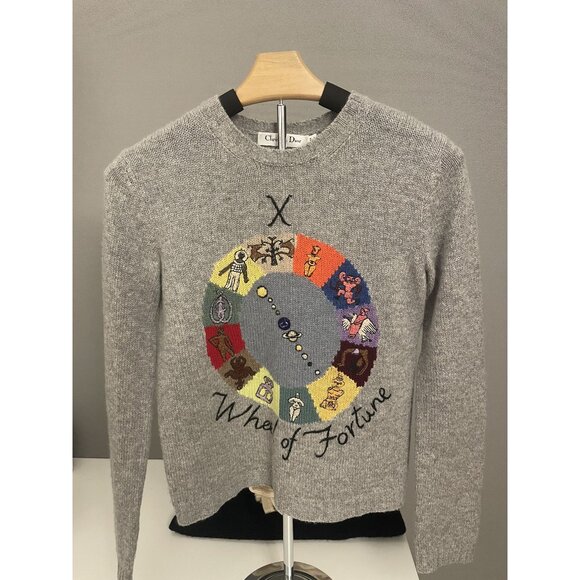 Christian Dior Gray Wool Sweater With Wheel Of Fortune Embroidery & Motherpeace - Picture 1 of 16